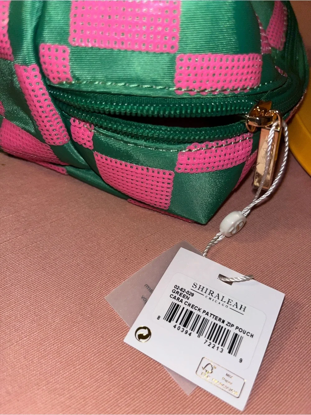 Shiraleah Pink & Green Checker Cosmetic Pouch AKA colors